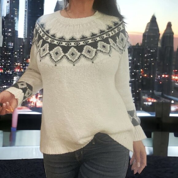 Blair Vintage Knit Sweater White, Gray & Black Fair Isle Pullover Women’s Size M - Picture 2 of 9
